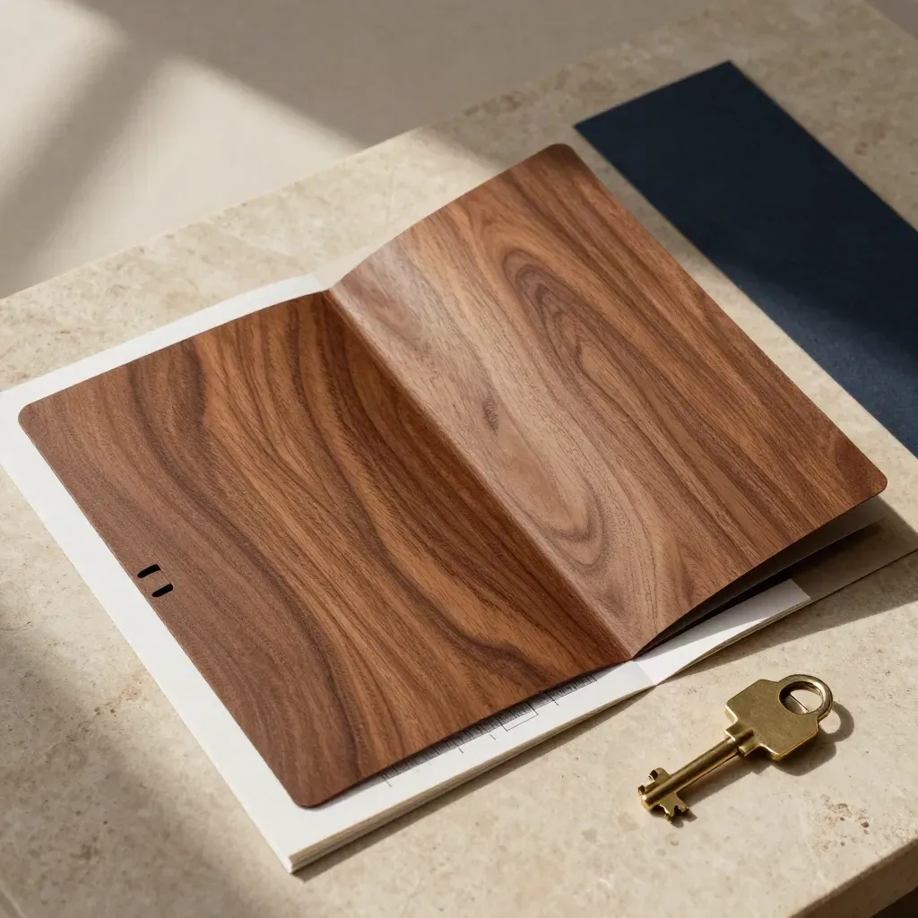 Flatlay di cartella documenti casa con chiave, fermacarta e fogli tecnici su fondo legno.