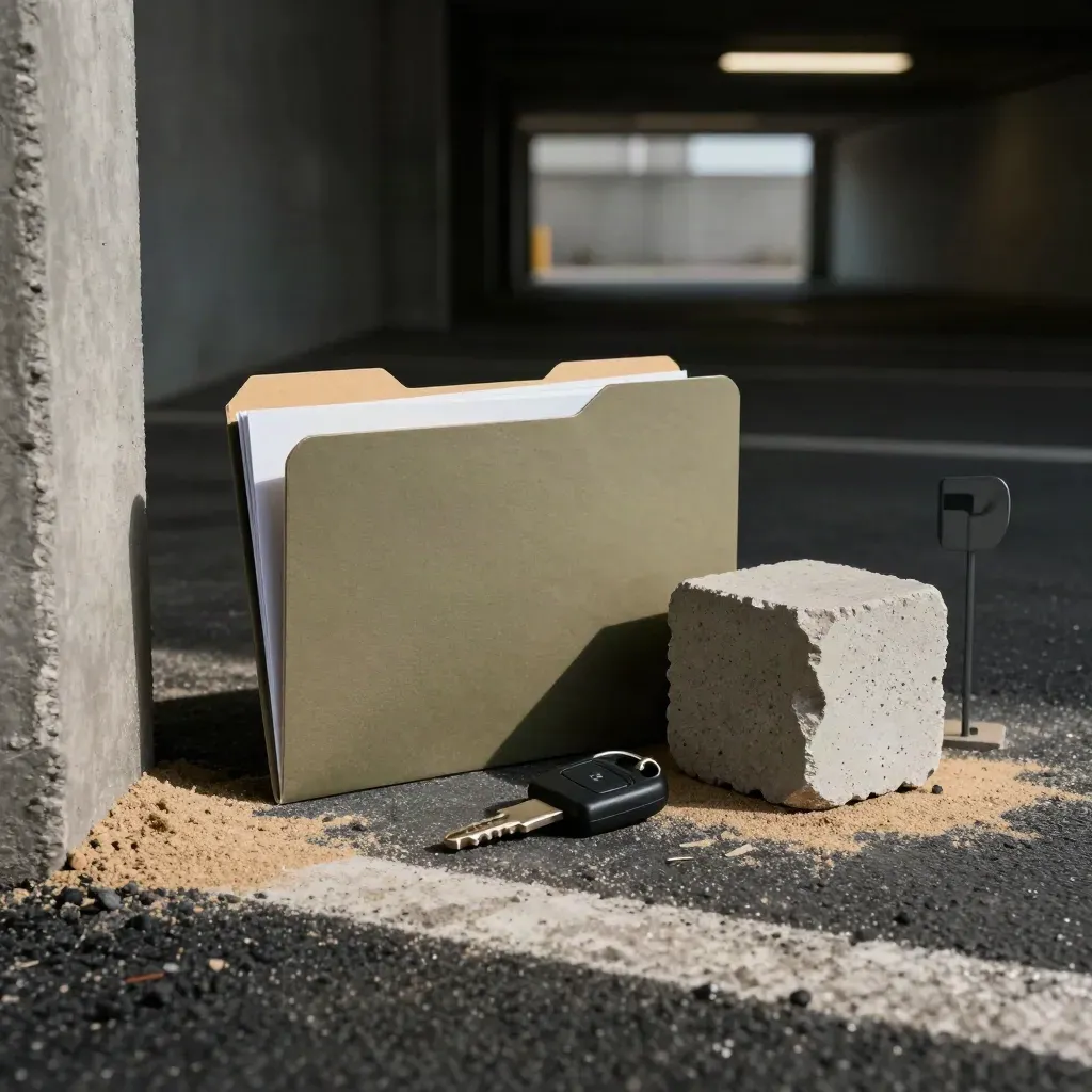 Cartella stima auto, chiave e blocco di cemento in un box auto urbano buio