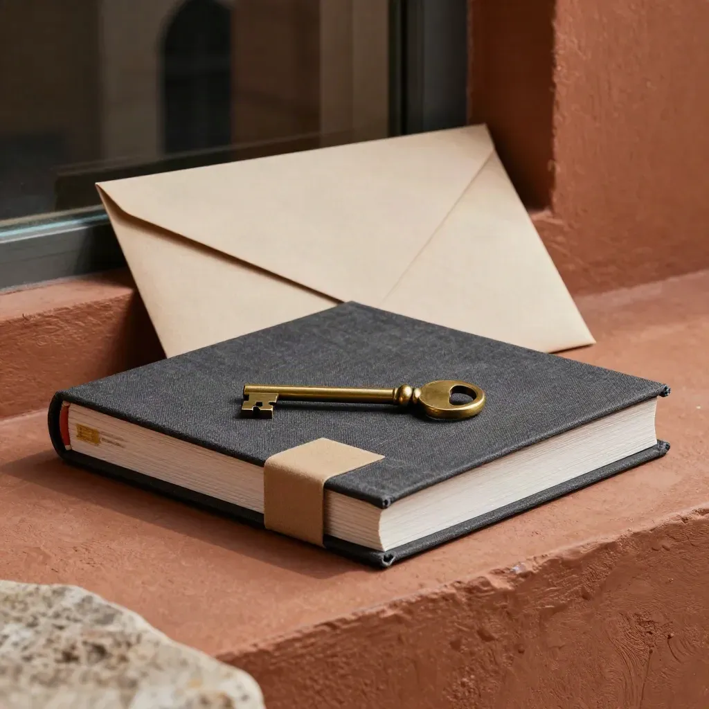 Cartella elegante con chiave, campione di travertino e busta su base in terracotta.