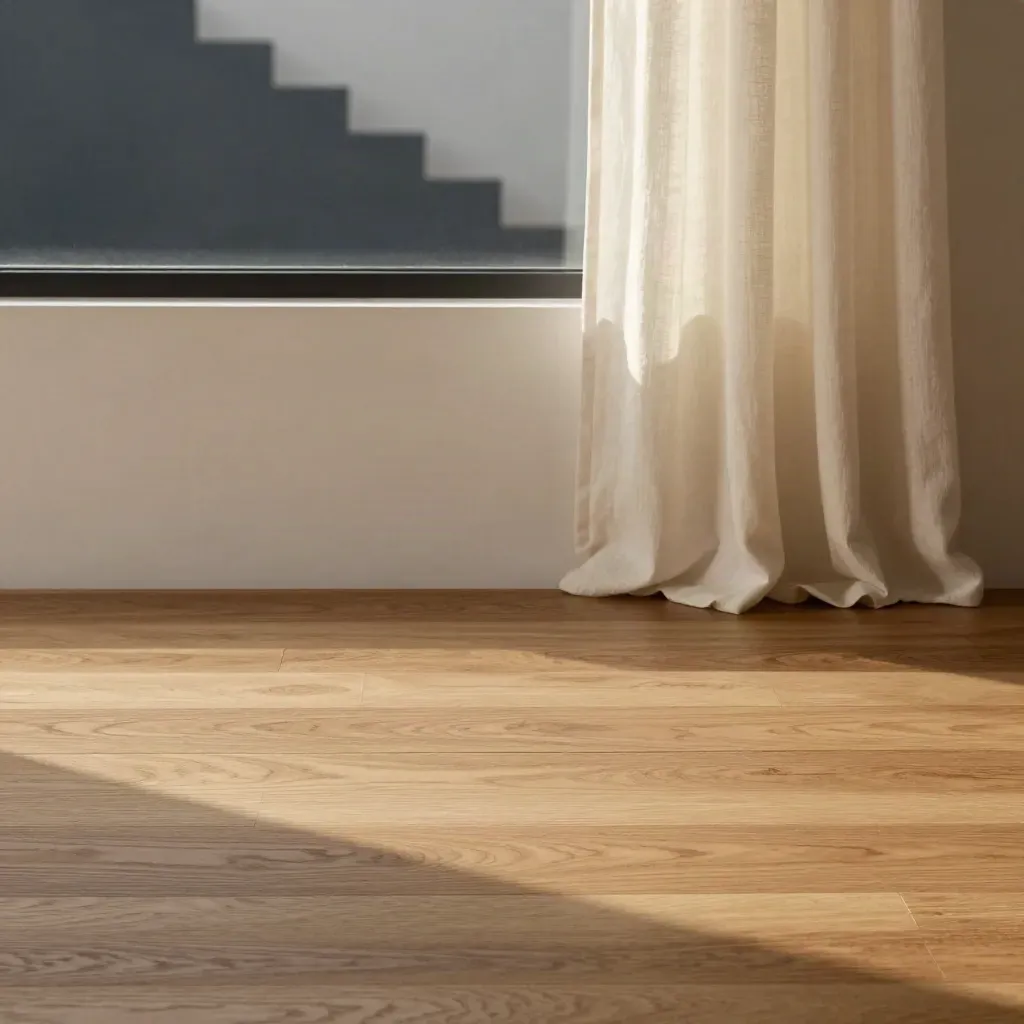 Interno con pavimento in legno caldo, tenda chiara e scala sfocata in alto.