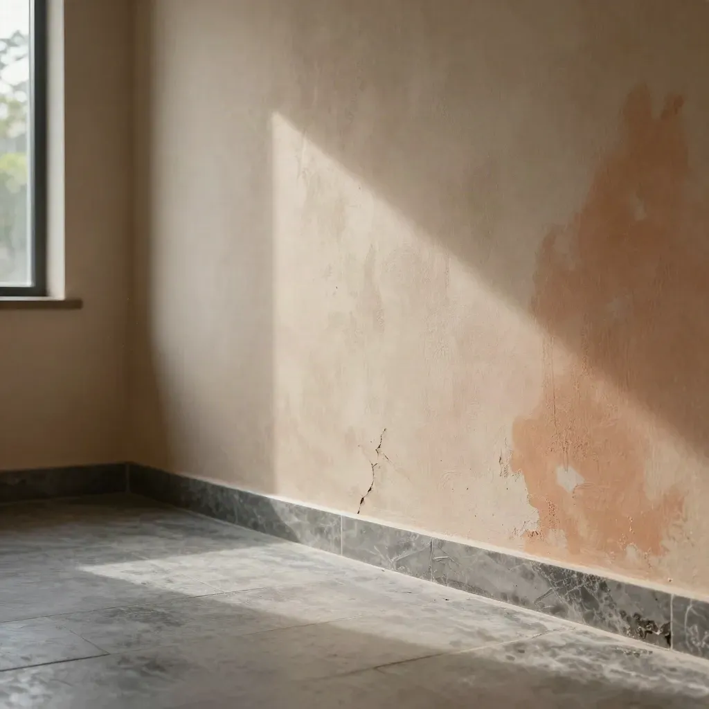 Interno domestico con parete intonacata segnata dall’umidità, soglia di pietra e finestra alta sfocata