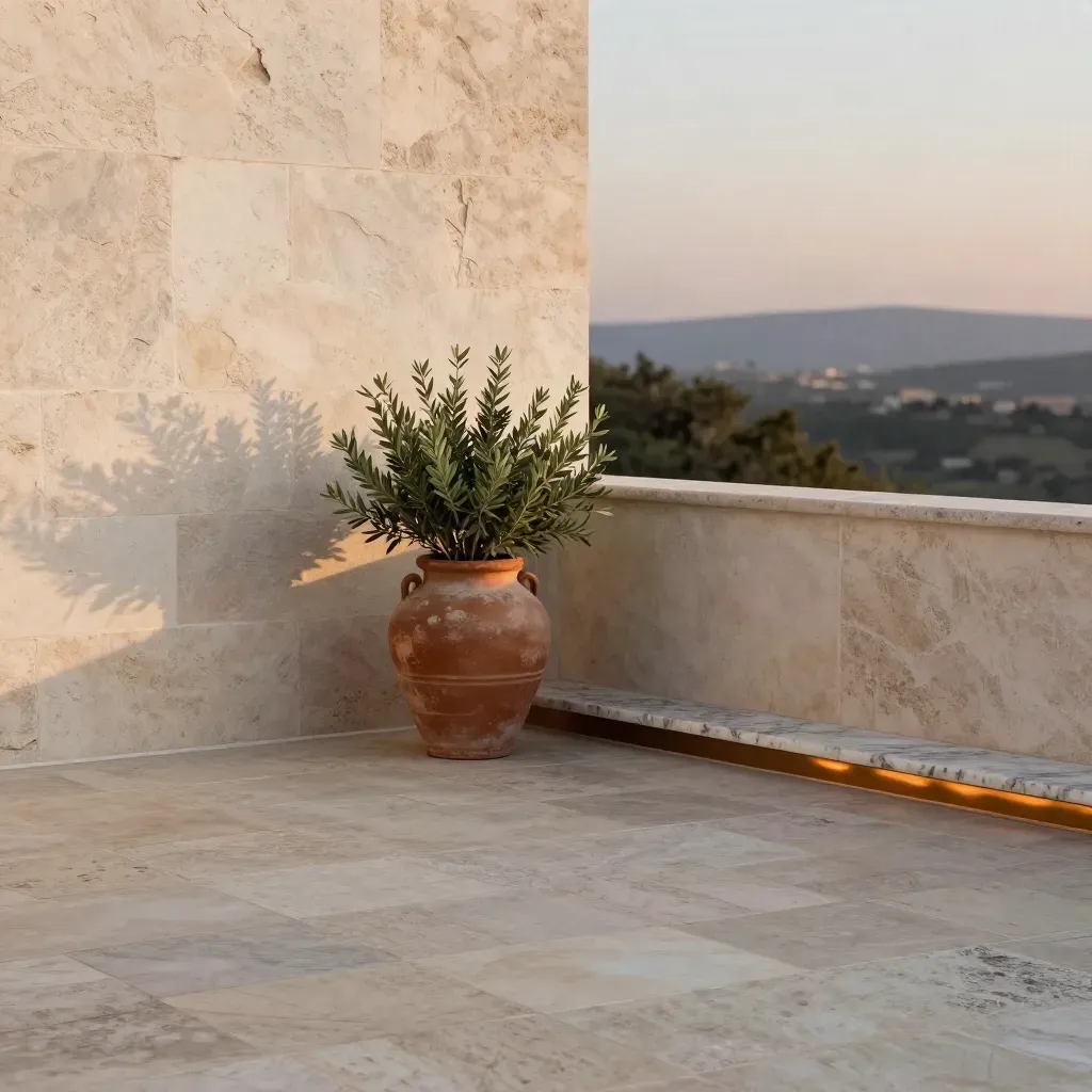 Terrazza mediterranea in pietra chiara, vaso d’ulivo sfocato e luce calda del tramonto